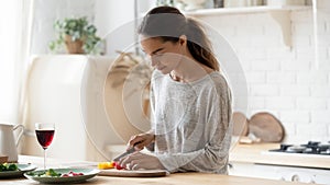 Young mixed race calm woman chopping fresh vegetables for salad.