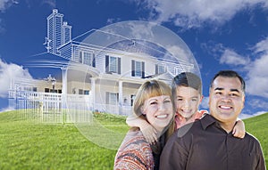 Young Mixed Race Family and Ghosted House Drawing on Grass