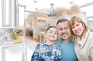 Young Mixed Race Family Over Kitchen Drawing with Photo Combination