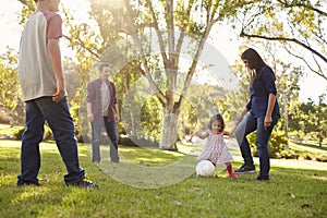 Young mixed race family playing with ball in a park, crop