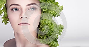Young model hairstyle salad. A healthy diet, the key to losing weight, versatile diet.Vegetarian