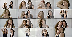 Young models women in studio, posing together and alone, collage of shots