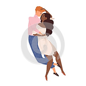 Young modern heterosexual man and woman hugging and demonstrating sexual attraction and desire. Interracial couple in