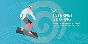 Young modern man on mobile phone as a surf board while internet surfing on abstract background