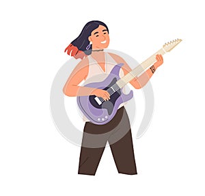 Young modern woman playing rock music on electric guitar. Happy smiling female guitarist. Rocker musician performing on