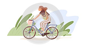Young modern woman riding bicycle with basket. Happy cyclist on bike with grocery net bag in nature. Eco-friendly
