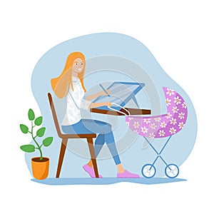 Young mom freelancer works on a graphics tablet and babysit a baby in a pram. Woman designer draws. Concept of work from photo