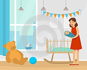 Young Mom Laying Sleeping Newborn Baby in a Cot, Woman Holding Sleeping Baby in her Arms Cartoon Vector Illustration