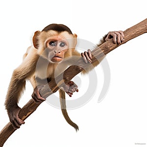 Young Monkey Climbing On Tree Branch Isolated On White Background