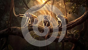 Young monkey sitting on tree branch, cute generated by AI