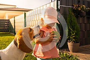 Young 12-18 months caucasian baby girl playing with beagle dog in garden