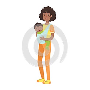 Young Mother With Baby Son In A Sling, Illustration From Happy Loving Families Series