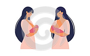 A young mother is breastfeeding her baby. Woman feeding her newborn with breast milk, front and side views. Flat vector