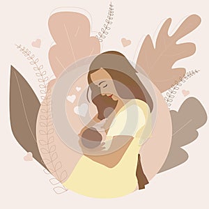 A young mother is breastfeeding a newborn baby. Flat illustration with a beautiful mother holding a baby in her arms