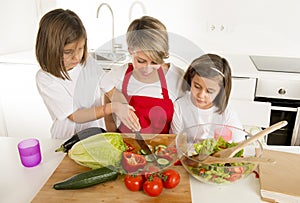 Young mother in cook apron and sweet beautiful twin daughters cooking preparing together salad