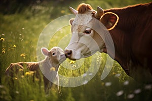 Young mother cow nuzzling her newborn calf in a cozy corner of the barn. Generative AI