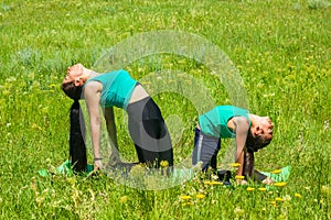 Young mother and daughter doing yoga exercises, young woman doing yoga exercises in the park, mother and daughter doing yoga