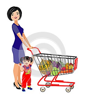 Young mother and daughter with a shopping cart for a supermarket.