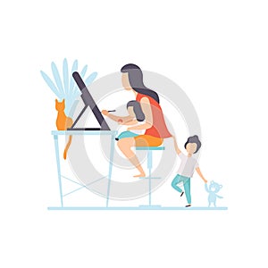 Young Mother Drawing Sketch on Tablet Screen, Woman Working at Home, Freelancer, Parent Working with Her Two Little