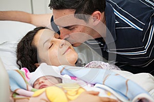 Young mother and father with their newborn baby girl at the hospital on the day of her birth. Family concept. Parenthood concept