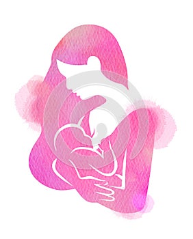 Young mother feeding breast milk her baby silhouette on watercolor background. Happy mother`s day. Mom and child Health. Digital