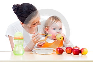 Young mother feeding her baby. Conception of healthy nutrition.