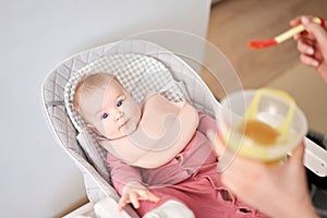 Young mother feeding her baby daughter with fruit puree. The baby is 7 months old, lying in a special high chair for