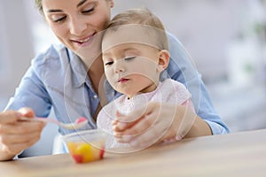 Young mother helping eating to her baby