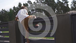 Young mother with her baby boy son brothers climbing on a garden fence - Family values warm color summer scene