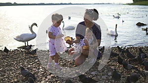 Young mother with her baby girl daughters feeding swan and little ducklings birds bread at a river wearing dotted dress