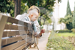 Young mother with her cute infant baby boy child leaning over back of wooden bench towards bushes in city park, holding