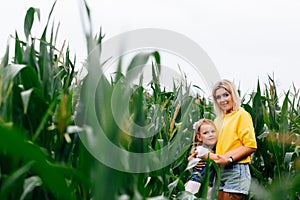 Young mother and her daughter in a corn field with green leaves