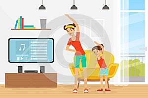 Young Mother and Her Daughter Doing Morning Physical Exercise Stretching Vector Illustration