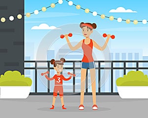 Young Mother and Her Daughter Doing Physical Exercise Lifting Dumbbells Vector Illustration