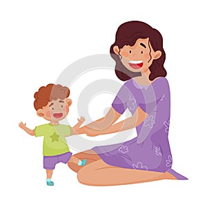 Young Mother and Her Little Baby Having Fun Together Vector Illustration