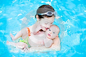 Young mother and her little baby in swimming poo photo