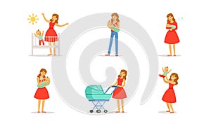 Young Mother and Her Newborn Baby Vector Illustrations