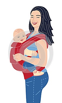 Young Mother Holding Baby in Ergo Backpack