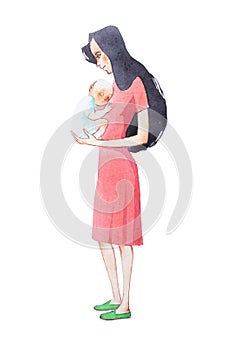 Young mother holding her sleeping newborn baby hand drawn with watercolor