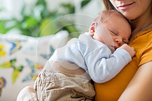 Young mother, holding tenderly her newborn baby boy