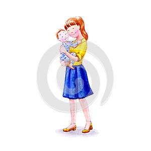 A young mother holds a small boy baby in her arms. Watercolor illustration.