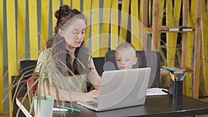young mother and housewife is working remotely from home, freelance job for women with children