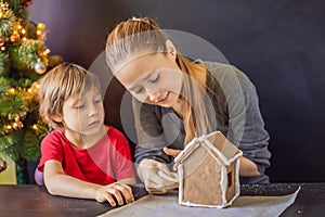 Young mother and kid making gingerbread house on Christmas eve