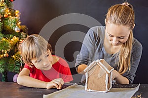 Young mother and kid making gingerbread house on Christmas eve