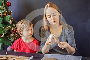 Young mother and kid making gingerbread house on Christmas eve