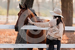 Young mother and little baby girl near a horses in autumn sunny day. Mother stroking a horse and smiling. mother`s day