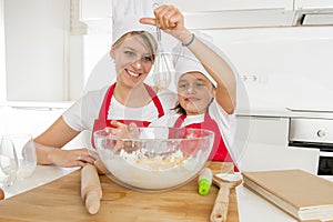 Young mother and little sweet daughter in cook hat and apron cooking together baking at home kitchen