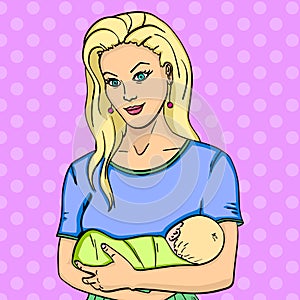 Young mother with nursing infants. Holds on his hands. Baby pop art raster