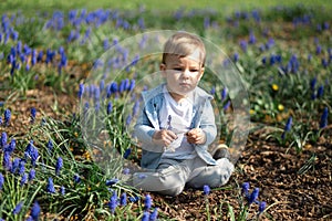 Young mother playing and talking with a baby boy son on a muscari field in Spring - Sunny day - Grape hyacinth - Riga