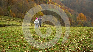 A young mother plays with her little daughter in the autumn forest. Mom with a little beautiful girl playing ball.